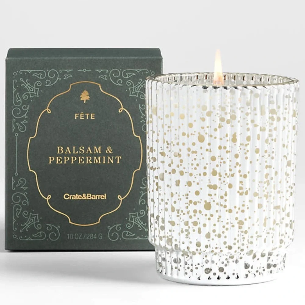Crate & Barrel Fete Silver Alpine Holiday 1-Wick Balsam & Peppermint Candle New